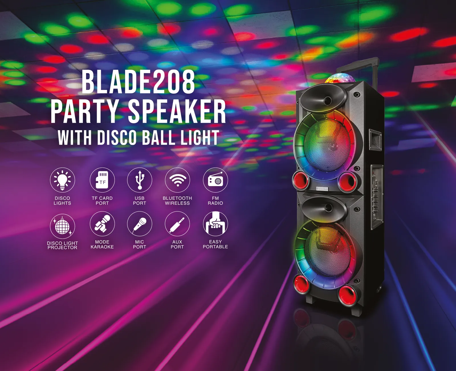 TOPTECH BLADE-208, 2x15'' Woofer Party Speaker with Multi-Color Disco Lights, Bluetooth, Wireless Mic, and Remote