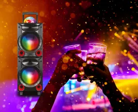 TOPTECH BLADE-208, 2x15'' Woofer Party Speaker with Multi-Color Disco Lights, Bluetooth, Wireless Mic, and Remote