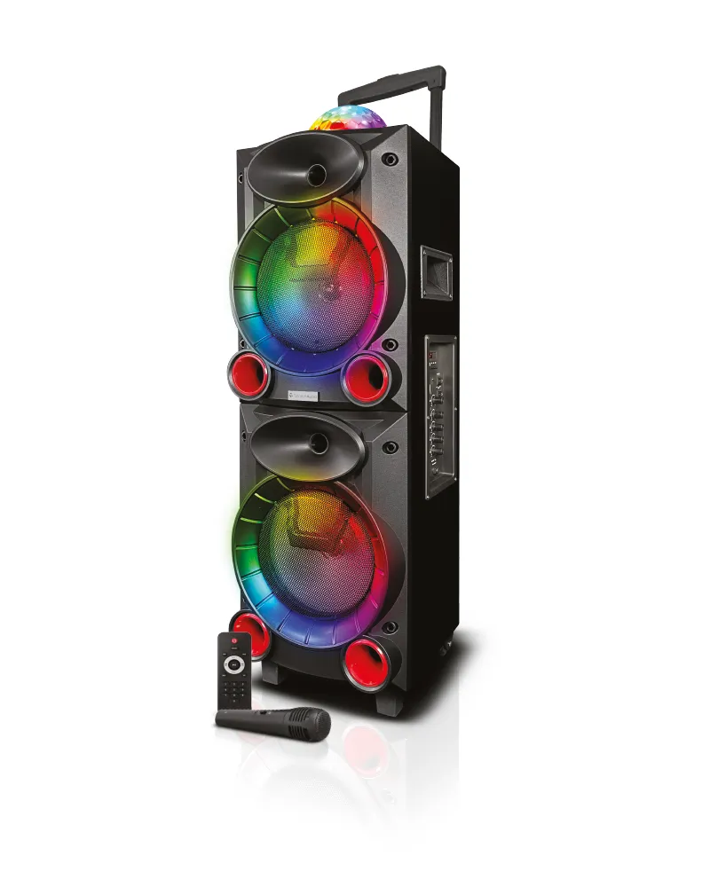 TOPTECH BLADE-208, 2x15'' Woofer Party Speaker with Multi-Color Disco Lights, Bluetooth, Wireless Mic, and Remote