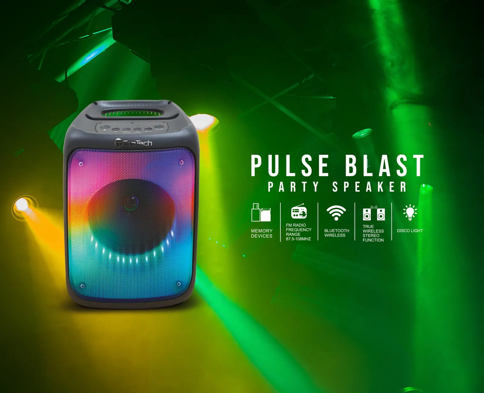 TOPTECH KL-4 Pulse Blast Bluetooth Speaker, 800W, 4" Woofer, Flame Effect, Wireless, FM Radio