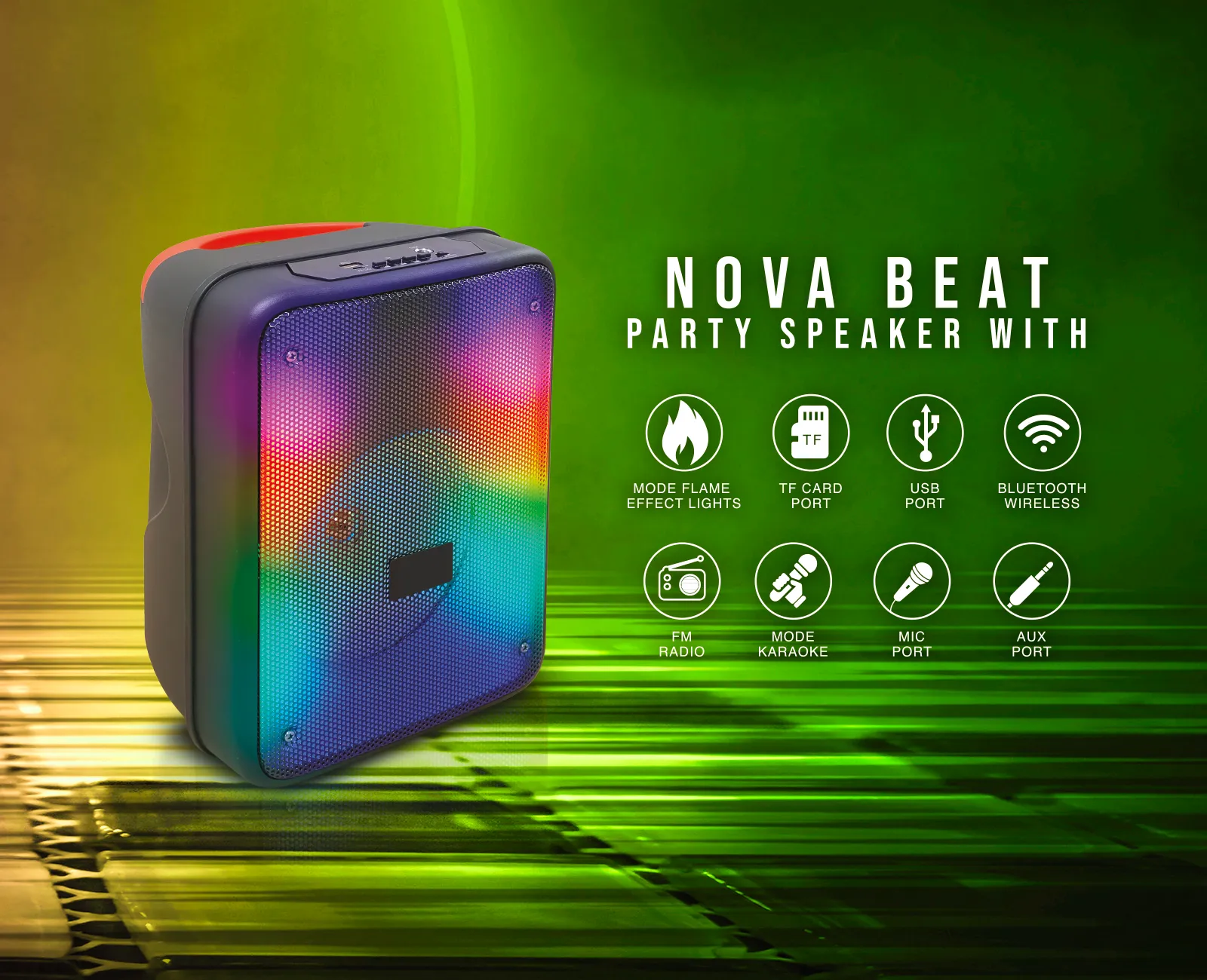 TOPTECH KL-7 NOVA BEAT Bluetooth Speaker, 2200W, 6.5" Woofer, Flame Effects, Portable