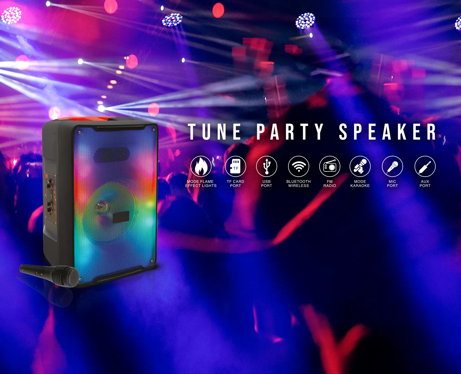 TOPTECH KL-8 TUNE Bluetooth Speaker, 3000W, 8" Woofer, Flame Effects, Karaoke Mode