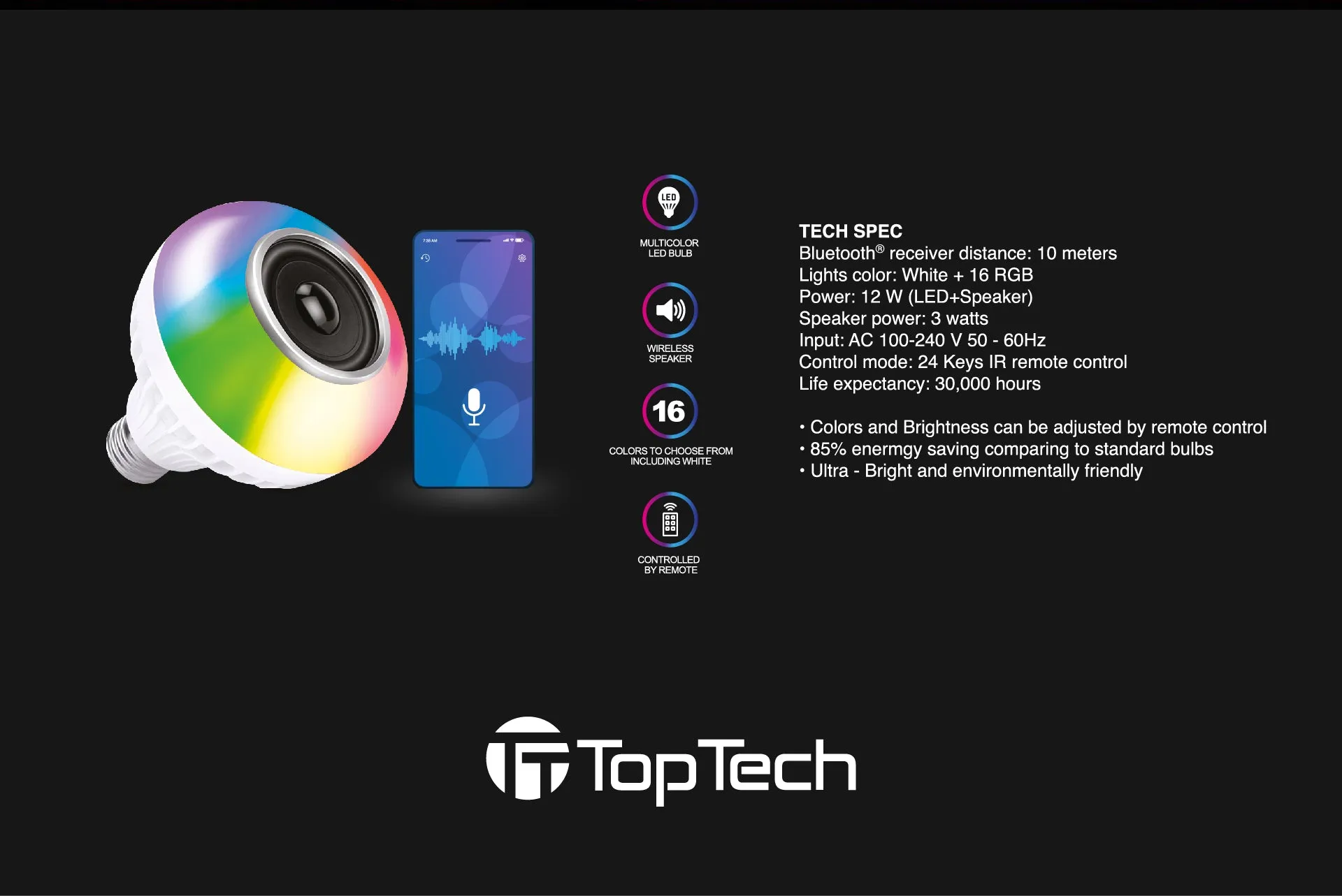 TOPTECH L902 LED Color Changing Speaker Bulb, 24-Key Remote, Bluetooth, 12W