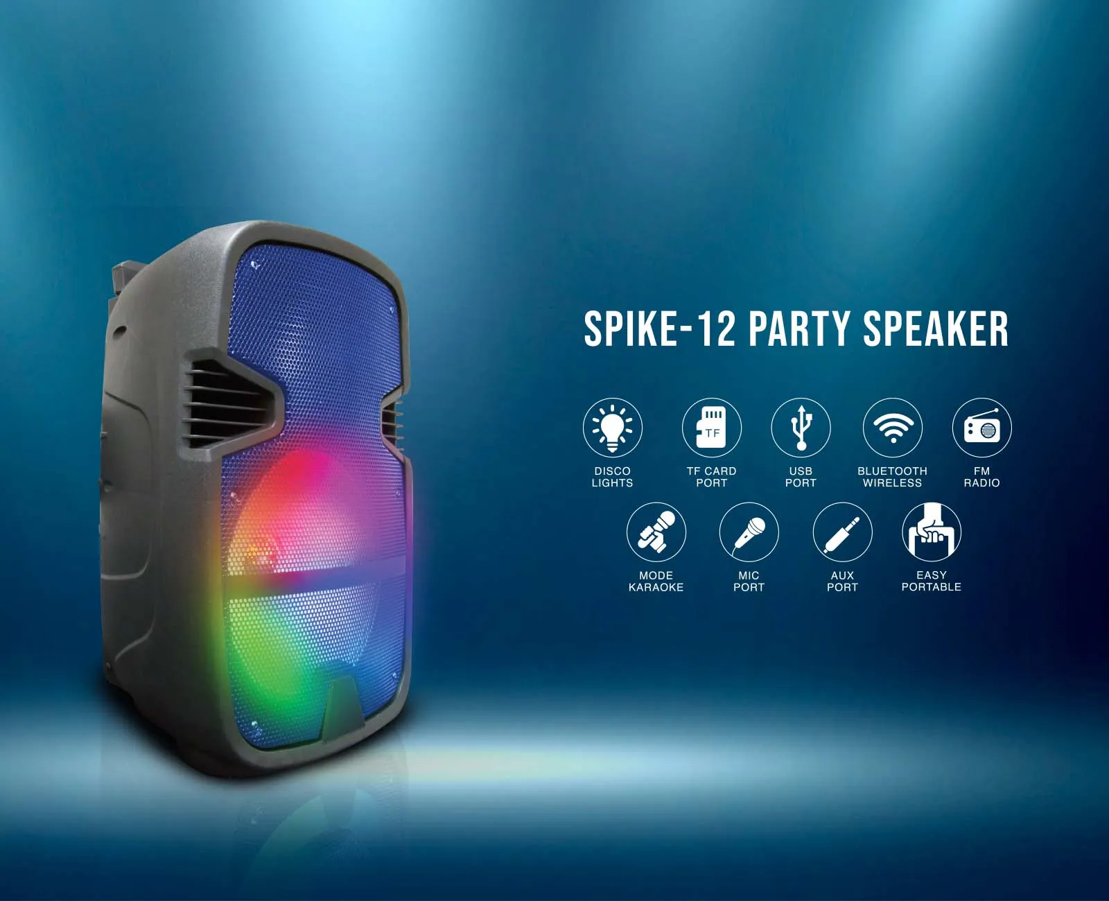 TOPTECH SPIKE-12, 12'' Bluetooth Party Speaker with Disco Lights, Microphone & Remote