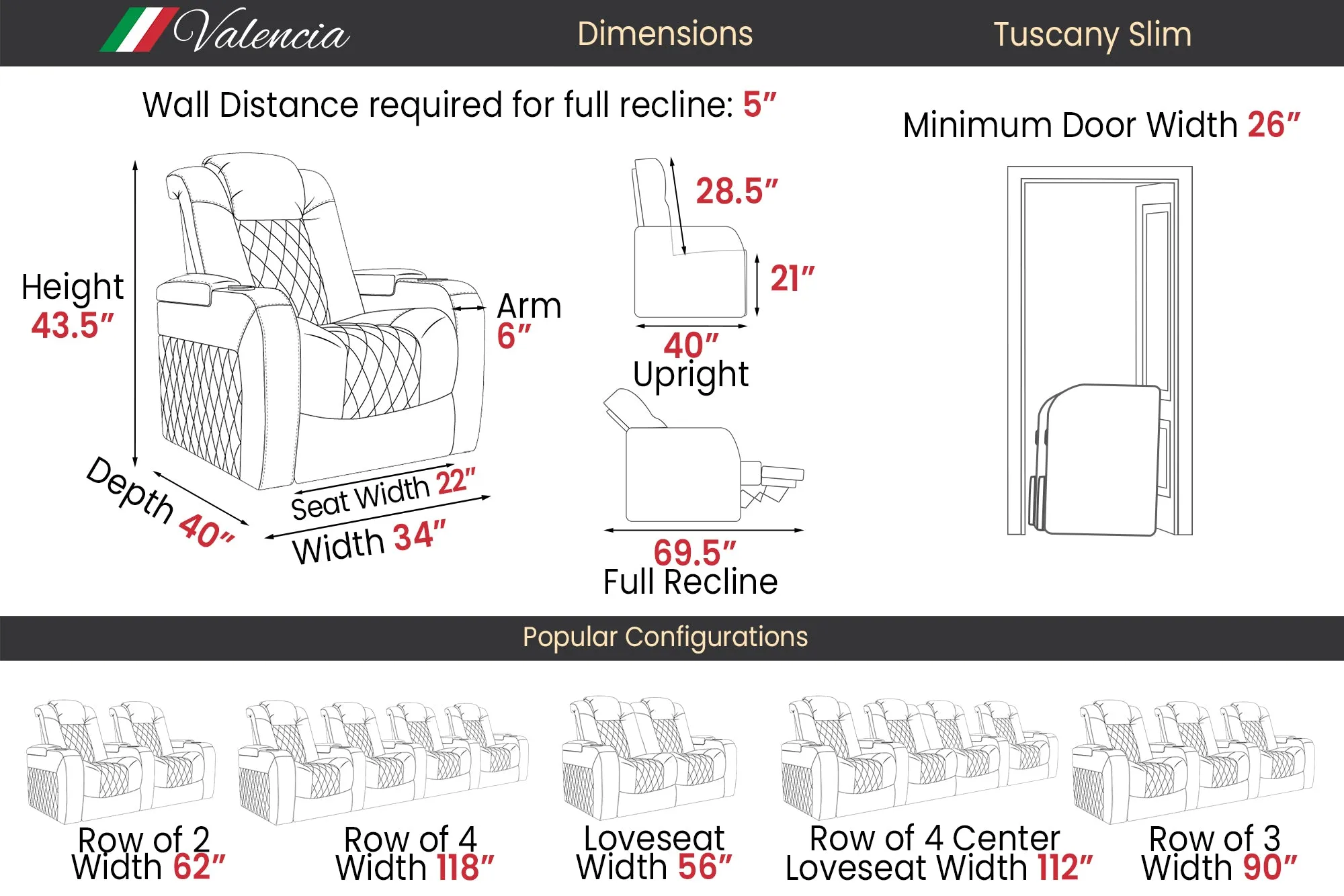 Valencia Tuscany Slim Ultimate Luxury Leather Home Theater Seating Row of 2, Onyx