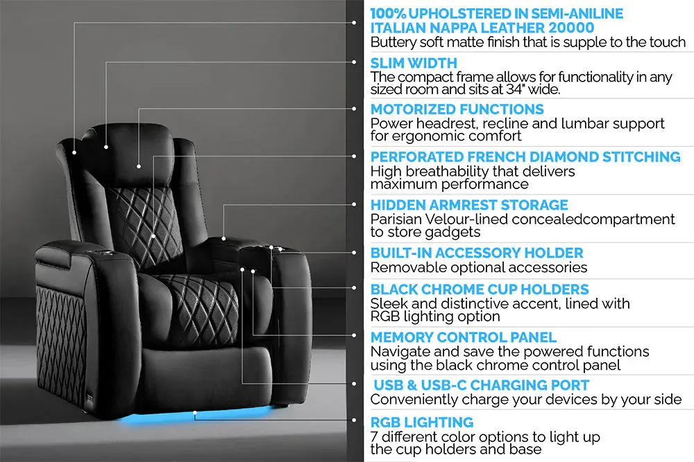 Valencia Tuscany Slim Ultimate Luxury Leather Home Theater Seating Row of 5, Onyx
