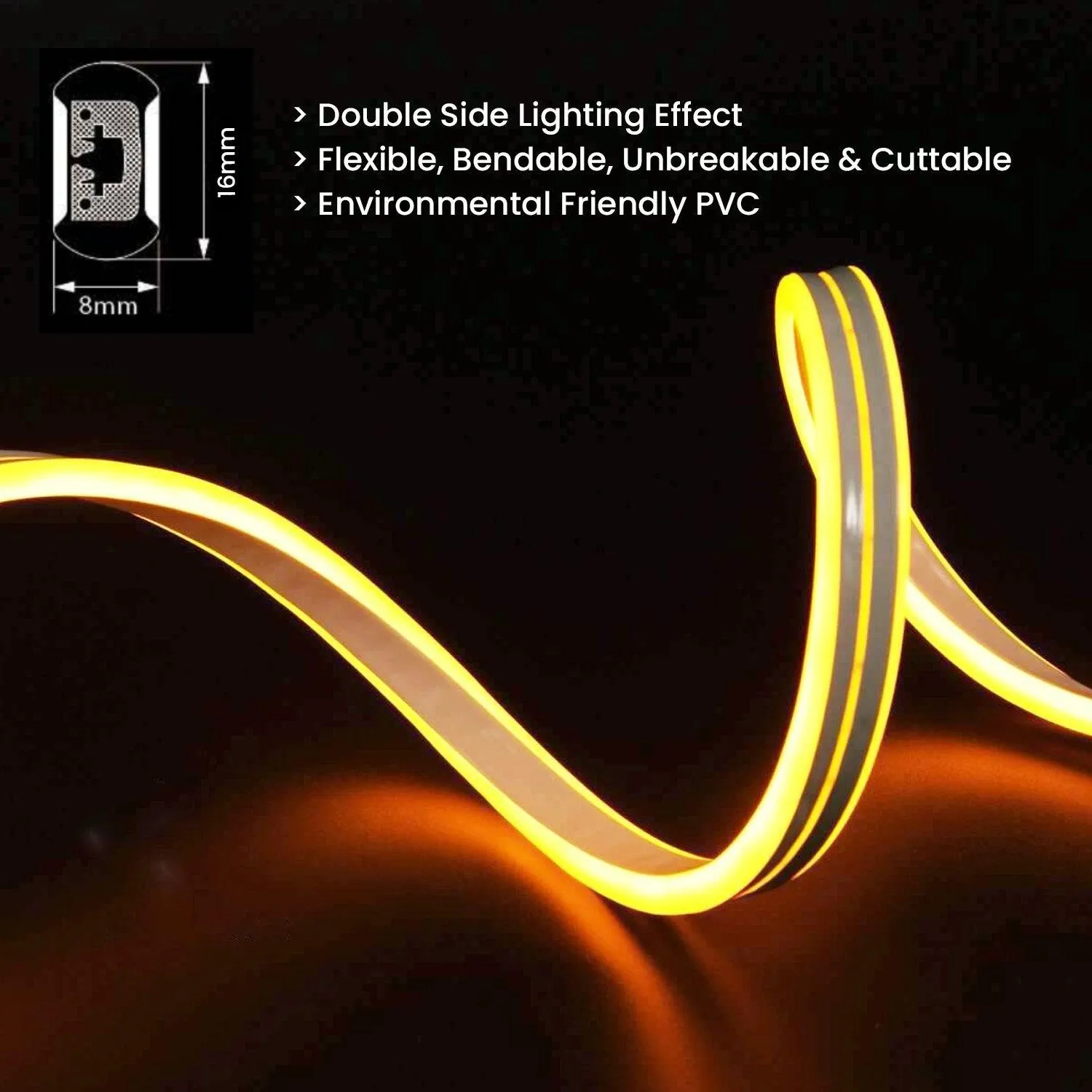 Warm White LED Neon Flex Double Side 220V 240V 120LED/m 8x16mm IP67 Waterproof Full Kit