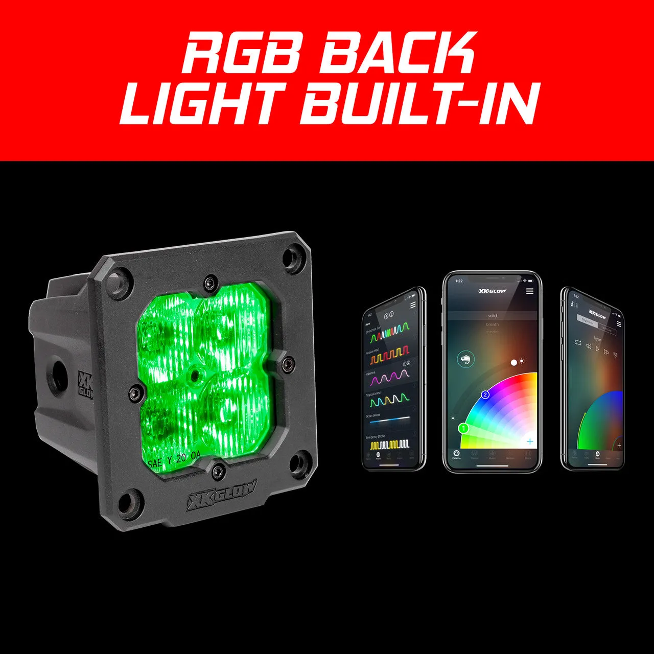 XKGlow Flush Mount XKchrome 20w LED Cube Light w/ RGB Accent Light - Driving Beam (w/ or w/ out Controller) - Driving/ Flood/ Fog/ Spot Beam