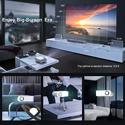 YABER V2 WiFi Mini Projector 6500L [Projector Screen Included] Full HD 1080P and 200" Supported, Portable Wireless Mirroring Projector for iOS/Android/TV Stick/PS4/PC Home & Outdoor (White)